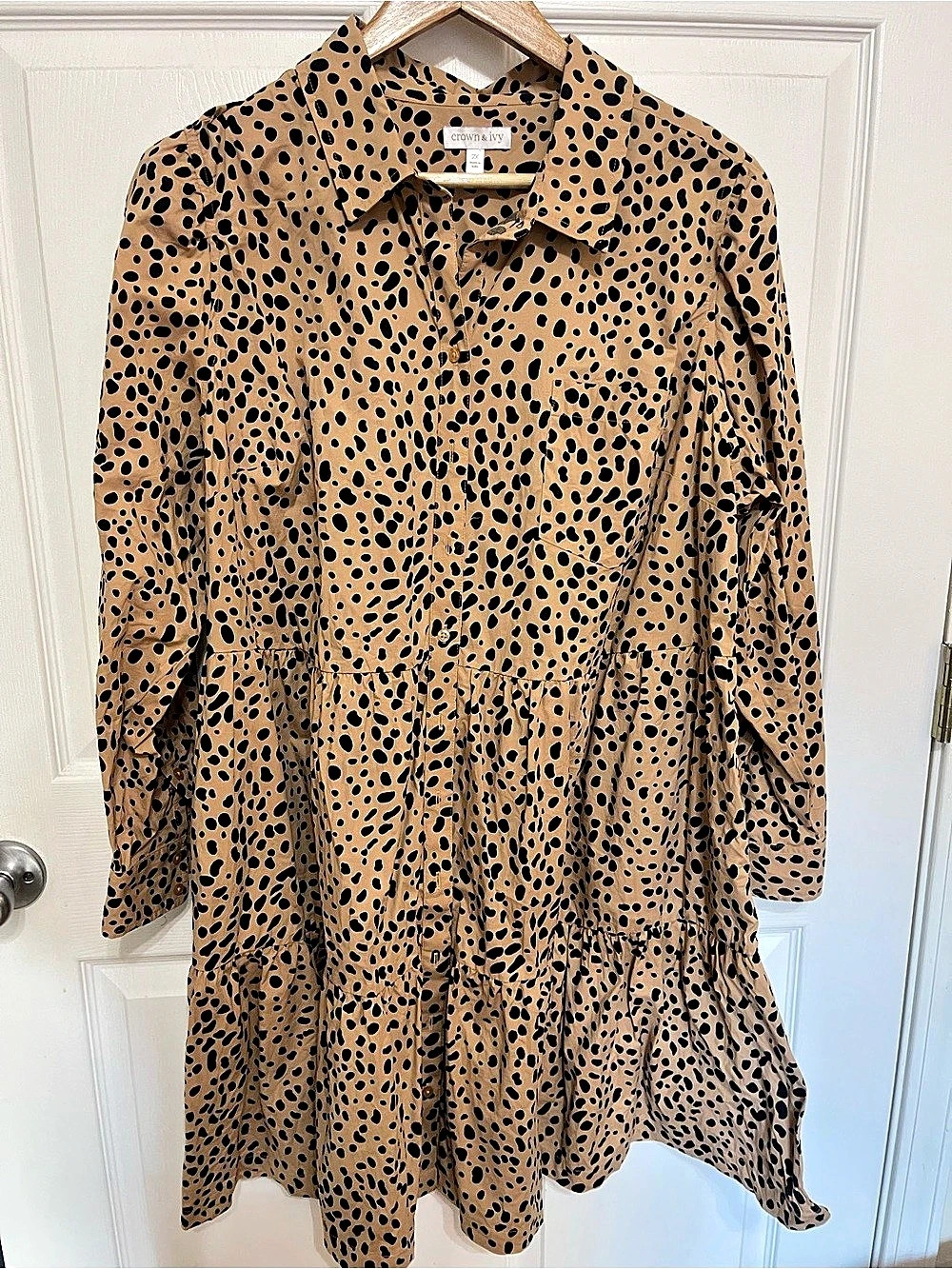 Crown & Ivy Long Sleeve Tiered Shirt Dress Brown & Black 2X